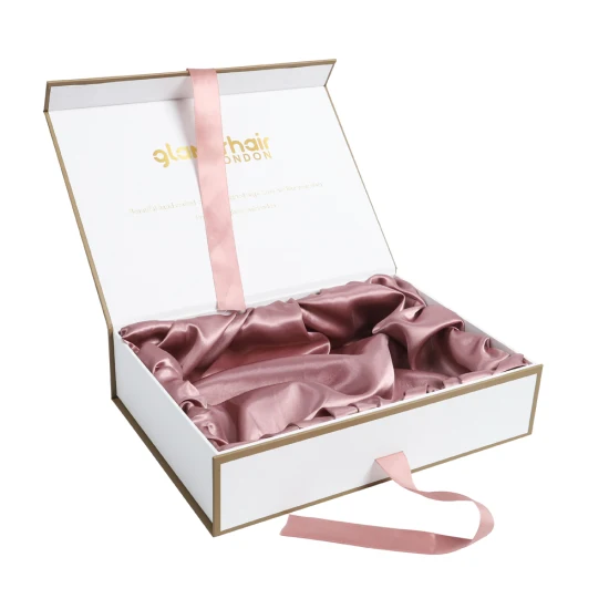 Magnetische, individuell gestaltete Geschenkbox aus satiniertem Verpackungspapier für Haarverlängerungen mit Band
